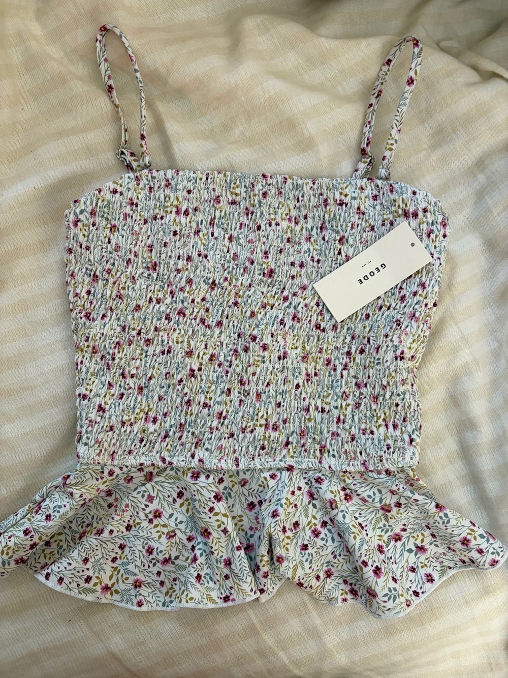 Geode Floral Smocked Peplum Tankini Top — White with Pink Floral